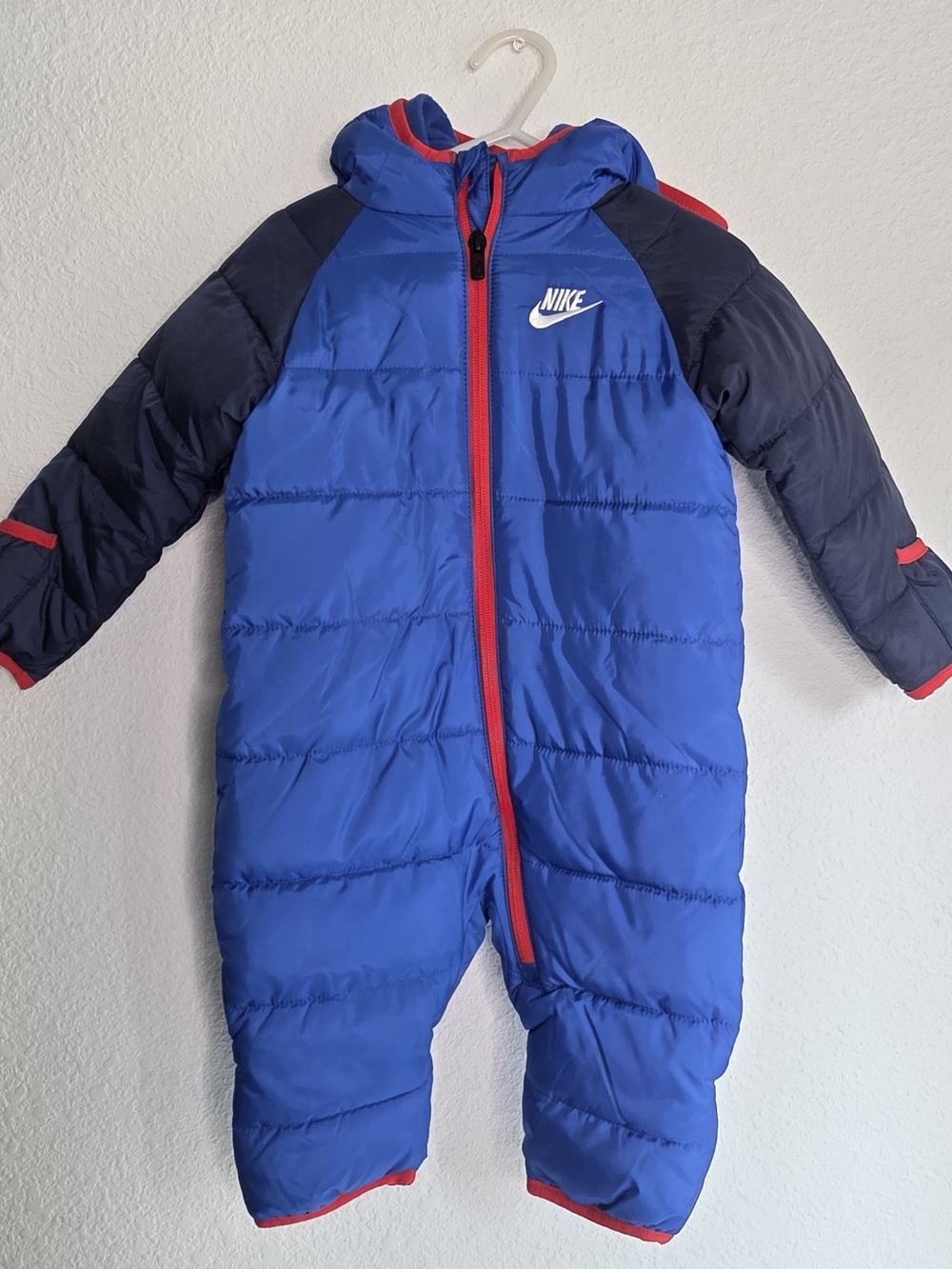 Nike Blue & Navy Kids Puffer One-Piece Snowsuit with Red Trim